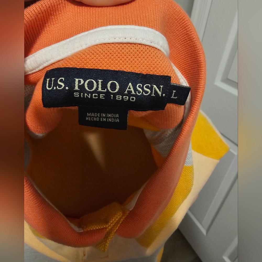 U.S. Polo Assn. Men's Polo  Short SleevShirt, Orange, Yellow, Gray Stripes Sz L - Picture 3 of 3